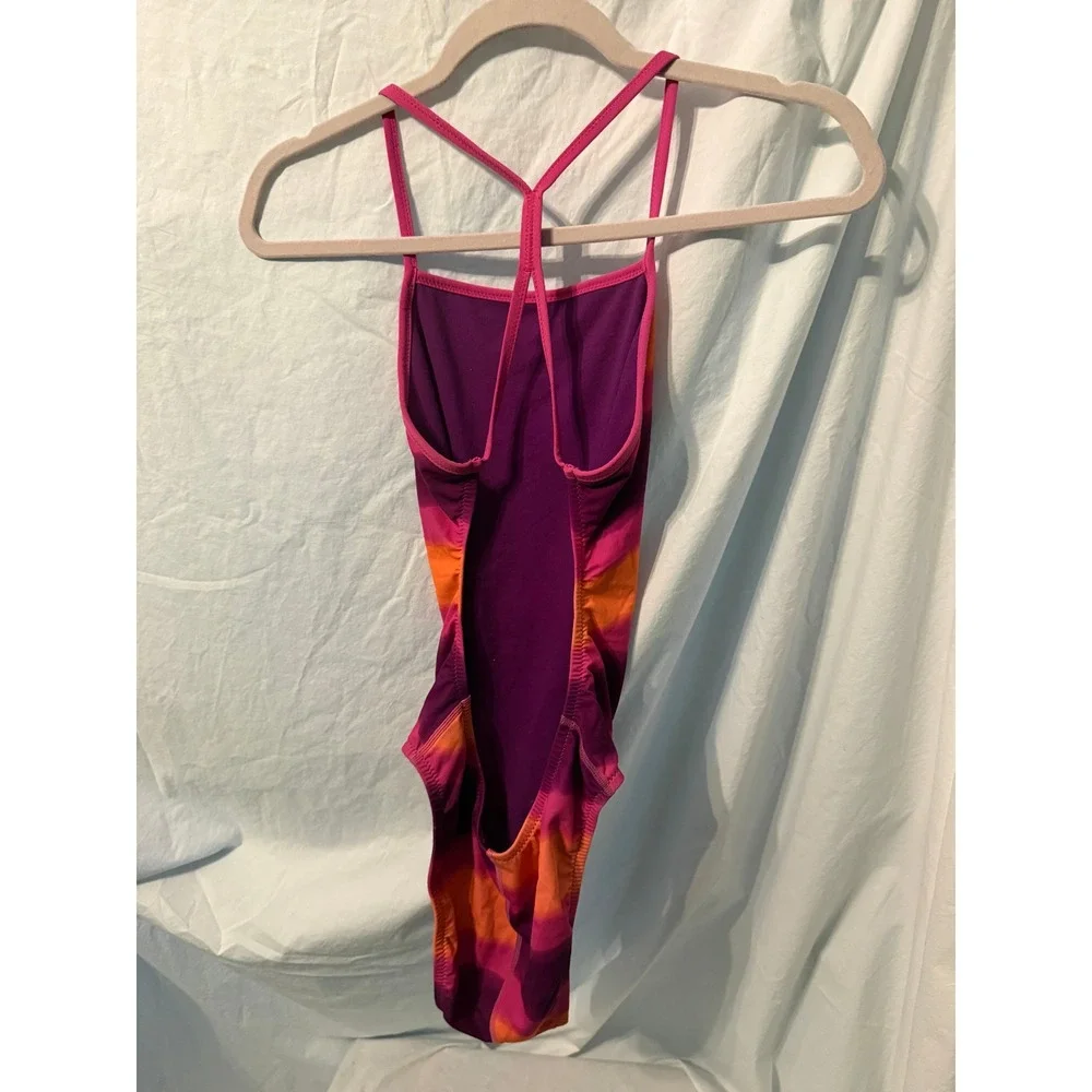 Speedo Endurance Lite One Piece Swimsuit Size 6/32 Pink Orange Purple Striped